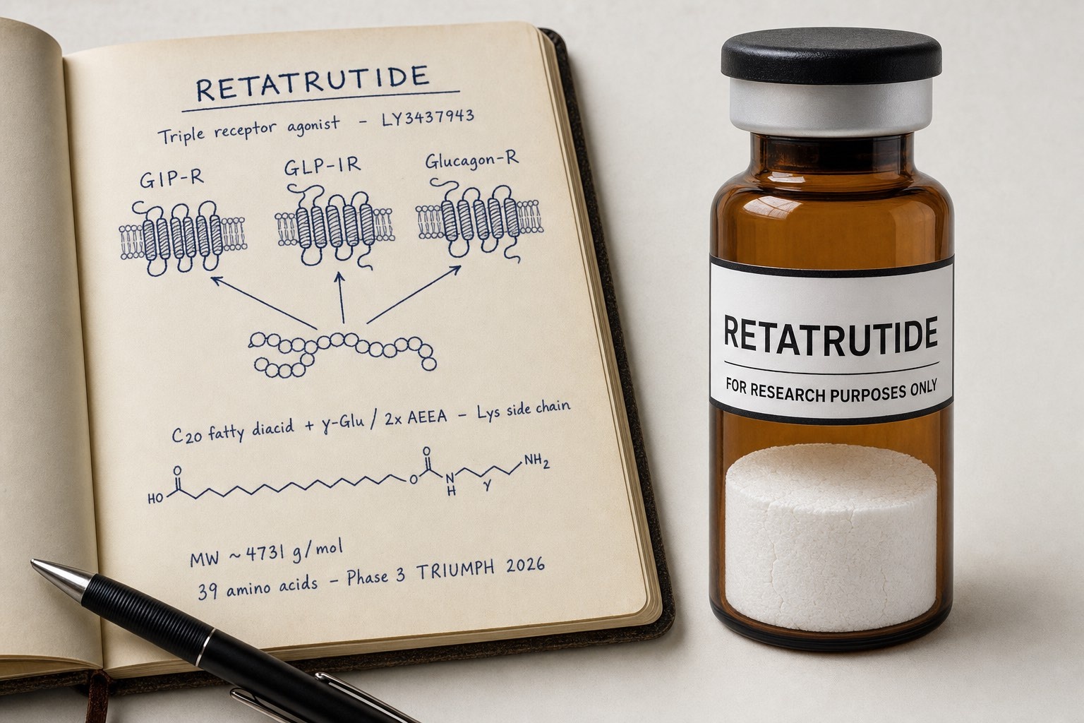 Retatrutide the triple-receptor agonist explained - white lyophilised cake in amber research vial alongside chemistry notebook with GIP, GLP-1 and glucagon receptor agonism diagram and C20 fatty diacid modification